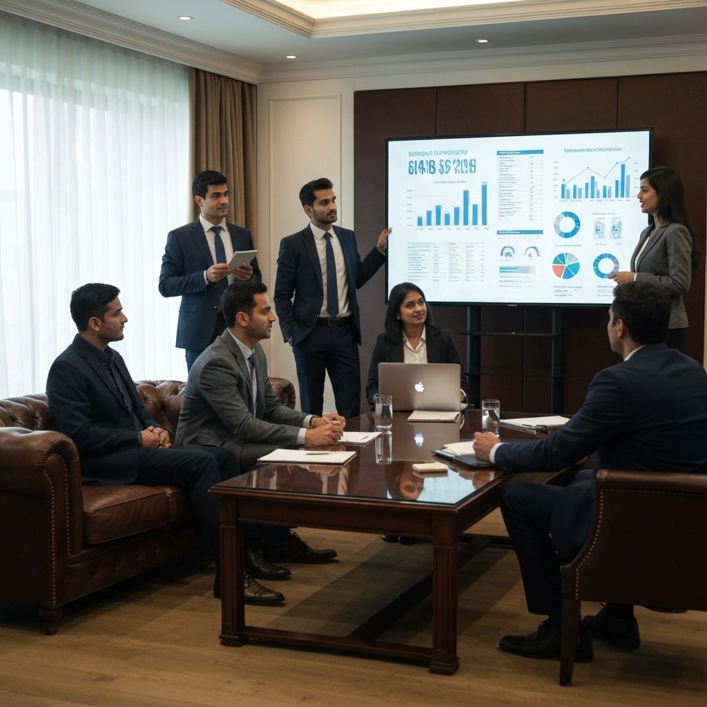 Strategiczne spotkanie biznesowe - doradcy prezentujący analizy finansowe i plan działania